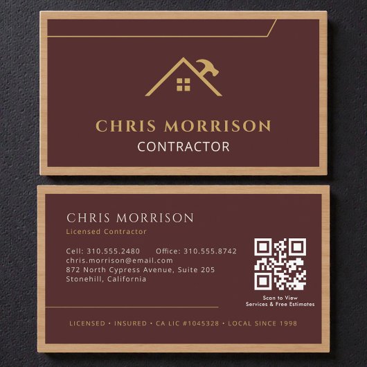 Burgundy Construction Professional Wood QR Code Visitekaartje