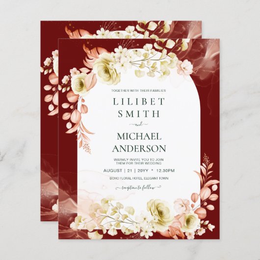 Burgundy Coral Floral Boho Wedding Invite (Voorkant / Achterkant)
