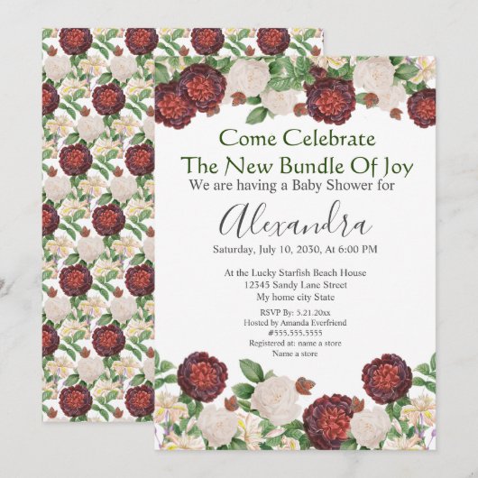 Burgundy Cream Rose Floral Baby shower invitation (Devant / Derrière)