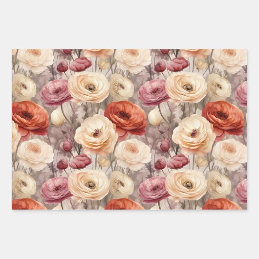 Burgundy Crème Lente Bloemen Bruiloft Borrel Inpakpapier Vel (Voorkant)
