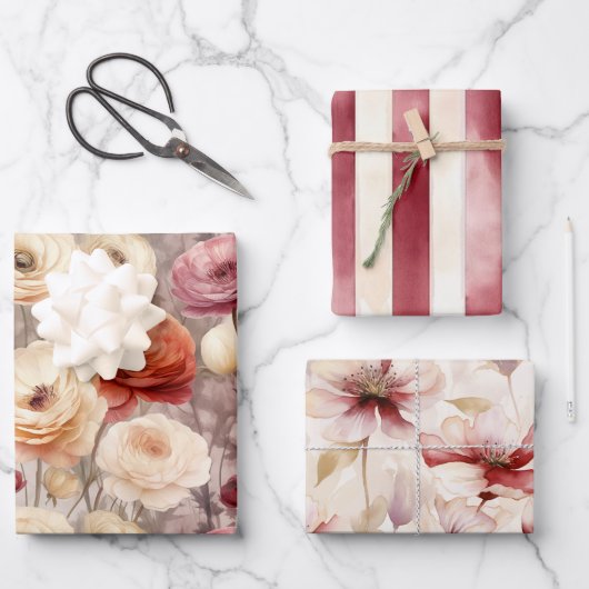 Burgundy Crème Lente Bloemen Bruiloft Borrel Inpakpapier Vel (Voorkant)