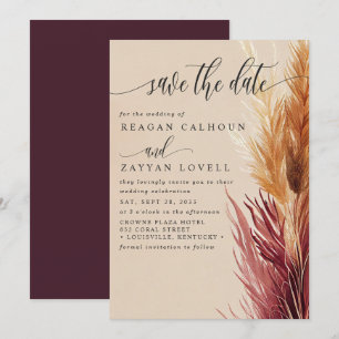 Burgundy Crème Modern Pampasgras Save The Date Kaart