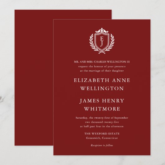 Burgundy Crest Wedding Custom Initials Kaart (Voorkant / Achterkant)