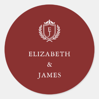 Burgundy Crest Wedding Custom Initials Ronde Sticker
