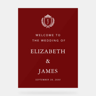 Burgundy Crest Wedding Welcome, Custom Initials Acryl Bord