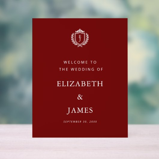 Burgundy Crest Wedding Welcome, Custom Initials Acryl Bord (Neutraal)