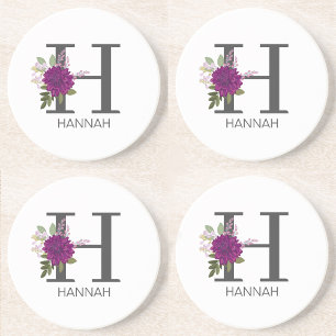 Burgundy Dahlia Bloemalfabet Letter Monogram Zandsteen Onderzetter