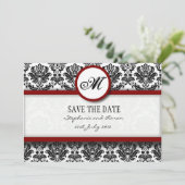 Burgundy Damask Monogram bewaart de Date Kaart (Staand voorkant)