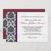 Burgundy Damask Monogram Uitnodiging (Voorkant / Achterkant)