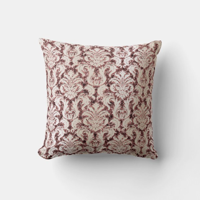 Burgundy Damask Pink Rose Gold Sequin Ivory Pearl Kussen (Voorkant)