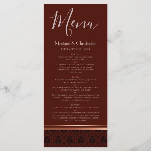 Burgundy Damask Rose Gold Trim Mariage Menu (Devant)