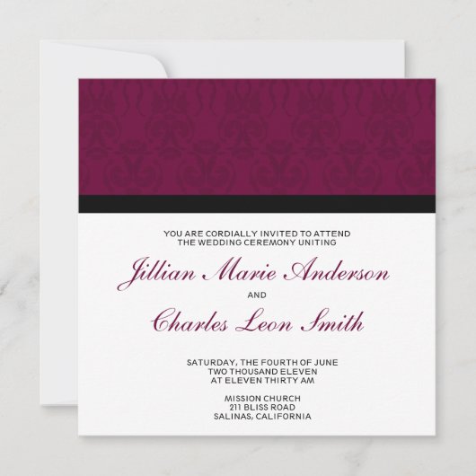 Burgundy Damask Wedding Invitations Kaart (Voorkant)