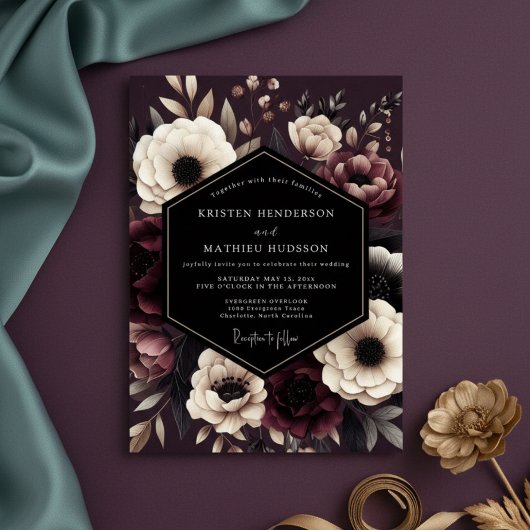 Burgundy Dark Floral Romance Wedding Kaart
