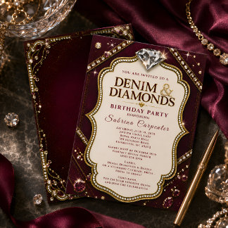 Burgundy Denim & Diamonds Verjaardagsfeest Elegant Kaart