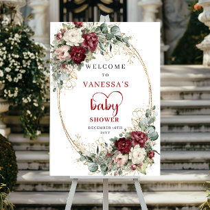 Burgundy Diep Rode Bloemige Baby Shower Welkom Poster