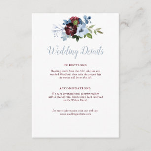 burgundy dusty blue floral bruiloft informatiekaartje