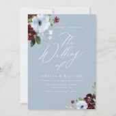 burgundy dusty blue floral bruiloft uitnodiging (Voorkant)