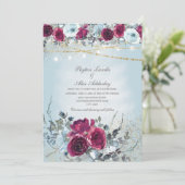 Burgundy Dusty Blue Floral Glitter Wedding Kaart (Staand voorkant)
