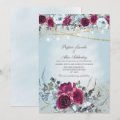 Burgundy Dusty Blue Floral Glitter Wedding Kaart (Voorkant / Achterkant)