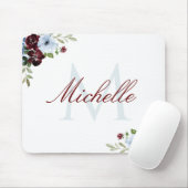 burgundy dusty blue floral monogram muismat (Met muis)