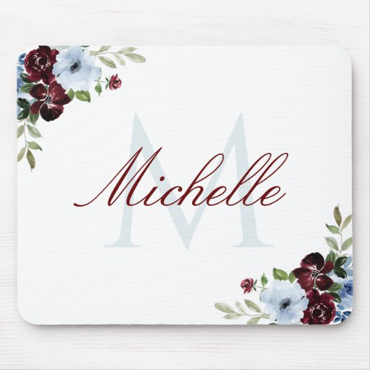 burgundy dusty blue floral monogram muismat (Voorkant)