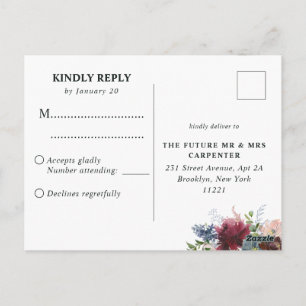 Burgundy Dusty Blue Floral Waterverf Wedding RSVP Briefkaart