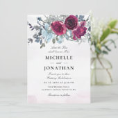 Burgundy Dusty Blue Roos Floral Christelijk bruilo Kaart (Staand voorkant)