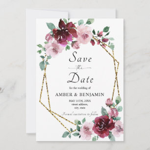 Burgundy Dusty Roos Floral Gold Save the Date Kaart