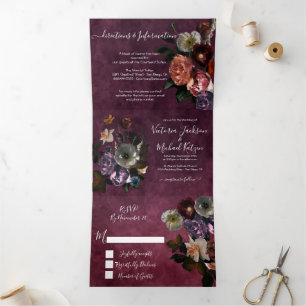 Burgundy Dutch Master Floral Dark & Moody Wedding Drieluik Uitnodiging