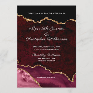 Burgundy Elegance Gold Glitter Agate Wedding Kaart