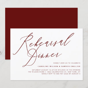 Burgundy Elegant Calligraphy Rehearsal Dinner Kaart