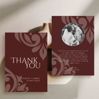 Burgundy Elegant Chic Damask Photo Wedding  Bedankkaart