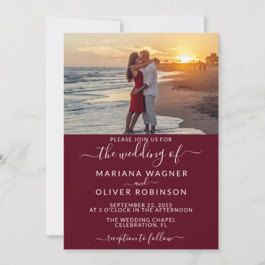 Burgundy Elegant Script Photo Wedding Kaart (Voorkant)