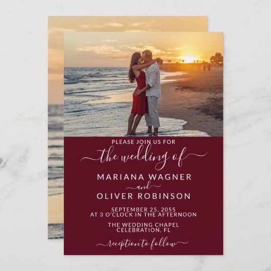Burgundy Elegant Script Photo Wedding Kaart (Voorkant / Achterkant)