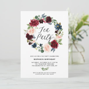 Burgundy en Blue Floral Wreath Tea Party Kaart