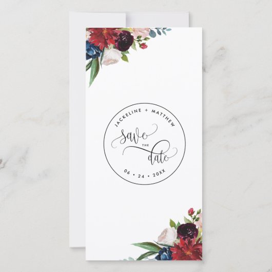 Burgundy en Blue Wedding Save the Date Bladwijzer (Achterkant)