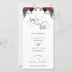 Burgundy en Blue Wedding Save the Date Bladwijzer