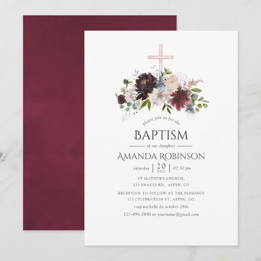 Burgundy en Blush Floral Baptism of Christening Kaart (Voorkant / Achterkant)