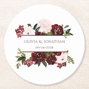 Burgundy en Blush Floral Elegant Wedding Ronde Kartonnen Onderzetter
