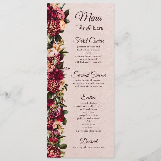 Burgundy en Blush Floral Menu (Voorkant)
