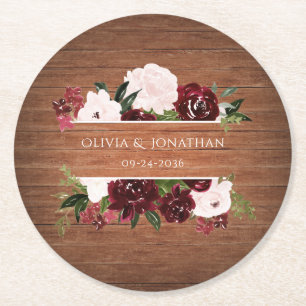 Burgundy en Blush Floral Rustic Wedding Ronde Kartonnen Onderzetter