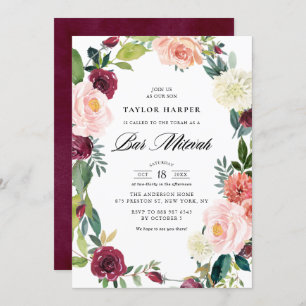 Burgundy en Blush Floral Wreath Herfst Bar Mitzvah Kaart