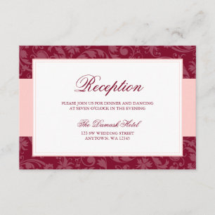 Burgundy en Blush Pink Damask Swirl Reception Informatiekaartje