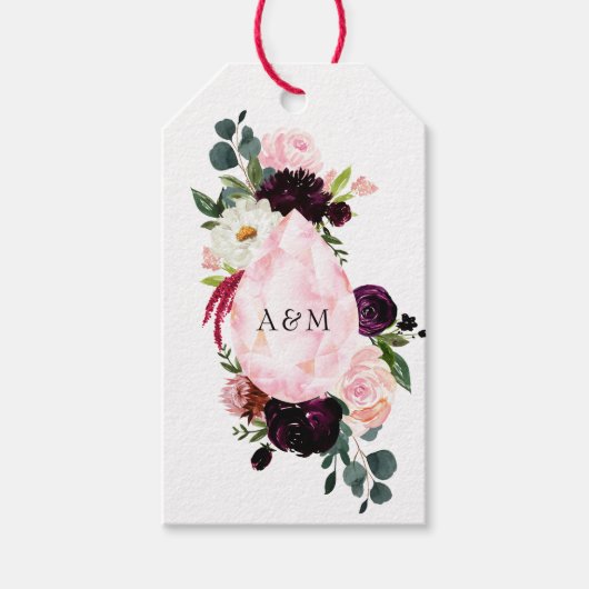 Burgundy en Blush Pink Diamond Floral Monogram Cadeaulabel (Voorkant)