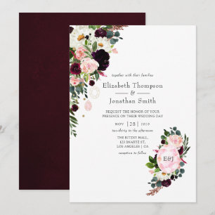 Burgundy en Blush Pink Diamond Monogram Weddenscha Kaart