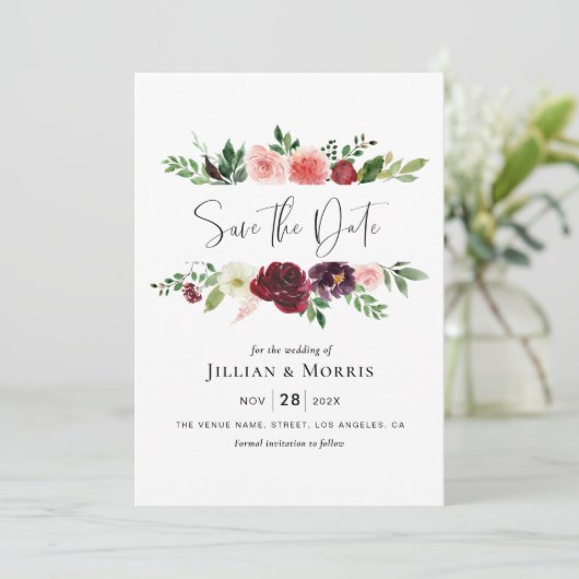 burgundy en blush redden de date uitnodiging (Staand voorkant)