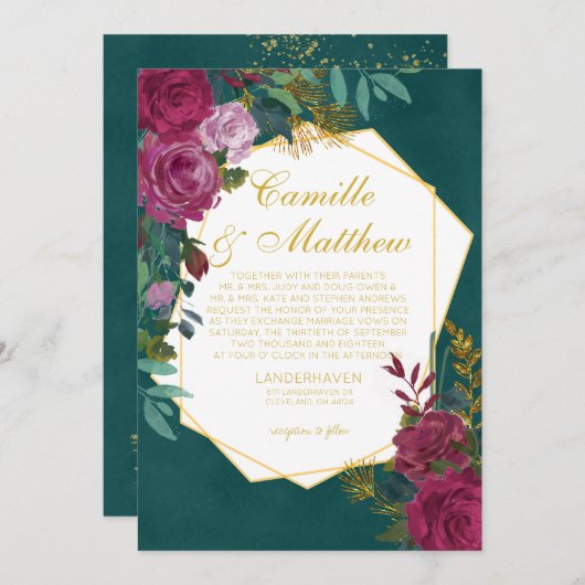 Burgundy en Emerald Wedding Invitation Kaart (Voorkant / Achterkant)