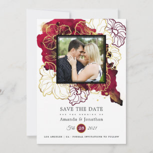 Burgundy en Gold Abstract Floral Wedding Foto Save The Date