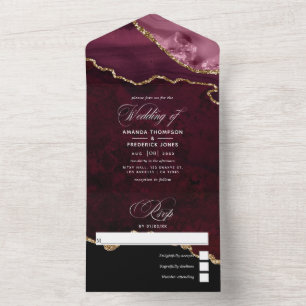 Burgundy en Gold Agate Wedding All-in-One Invitat All In One Uitnodiging