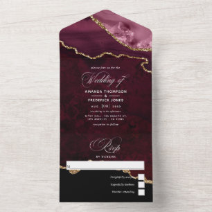 Burgundy en Gold Agate Wedding All In One Uitnodiging